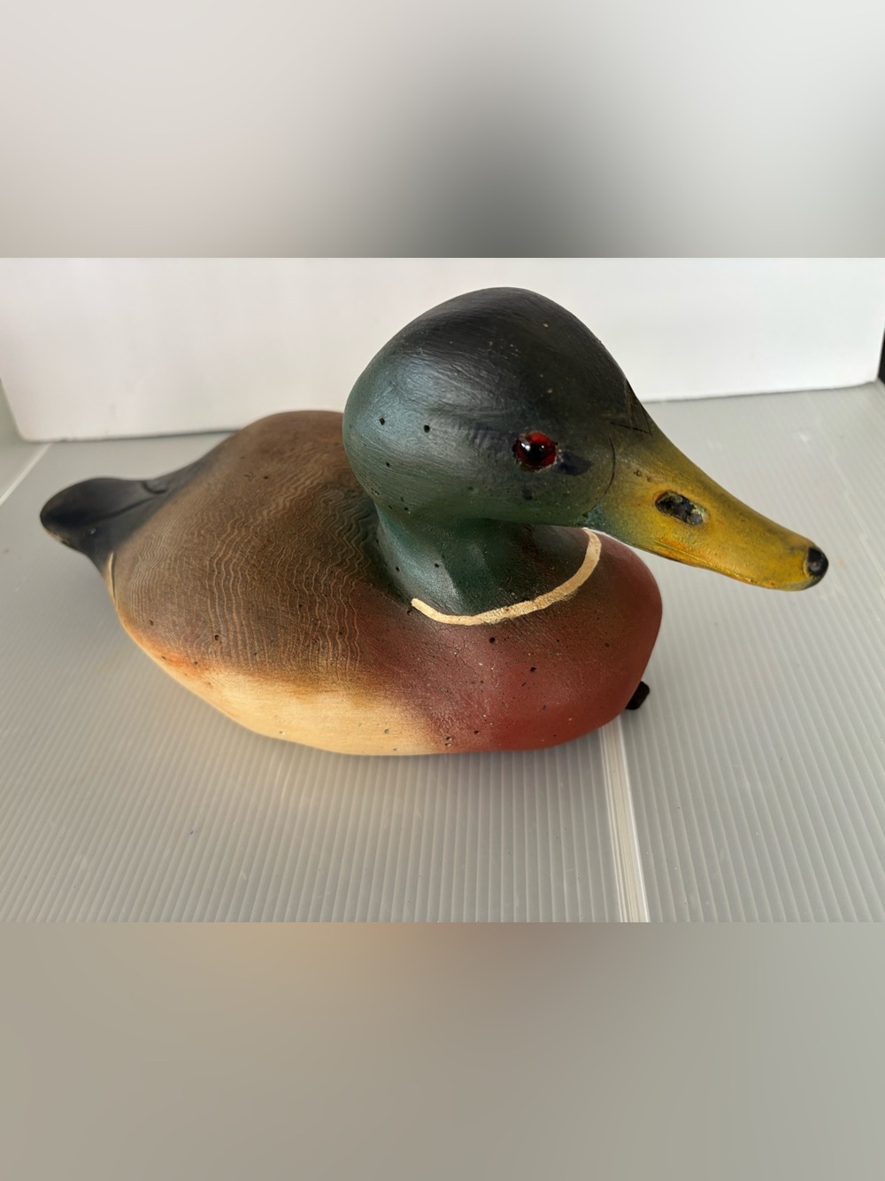 Vintage Hand Carved Hollow Wooden Mallard Duck Decoy Lou Nauman Signed 1995